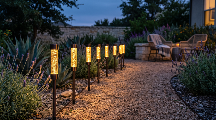 Patio de noche, iluminado con Lumora